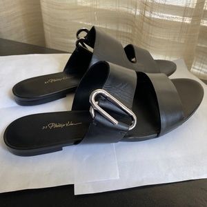 3.1 Phillip Lim black leather sandals flats size 36-6 silver accent  $1190 slide